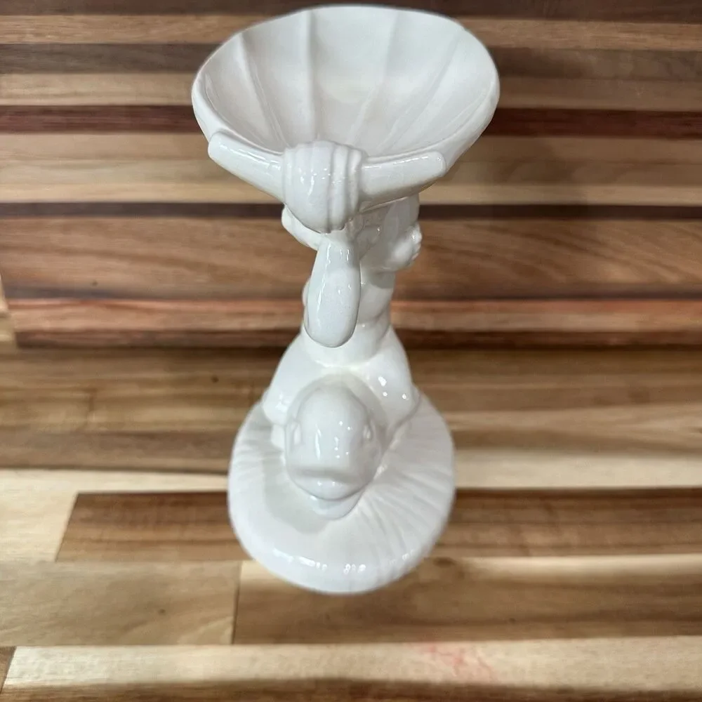 Vtg ‘60 Cherub Riding Dolphin Holding Shell Soap Dish - Holland Mold White Glaze